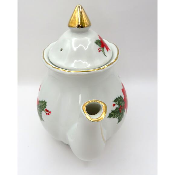 Lefton Christmas Teapot 1987 Poinsettia Holly Gold Trim Holiday Serveware Japan - Picture 6 of 16